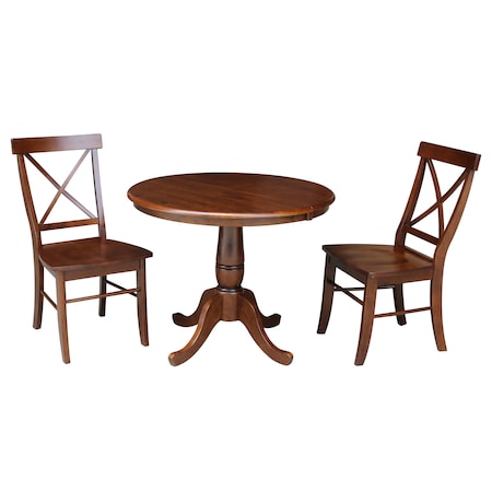 International Concepts Round 36 in Rd Top Pedestal Ext Table, 12 in Leaf And 2 X-Back Chairs, Espresso, 36 in W, 48 in L K581-36RXT-C613-2